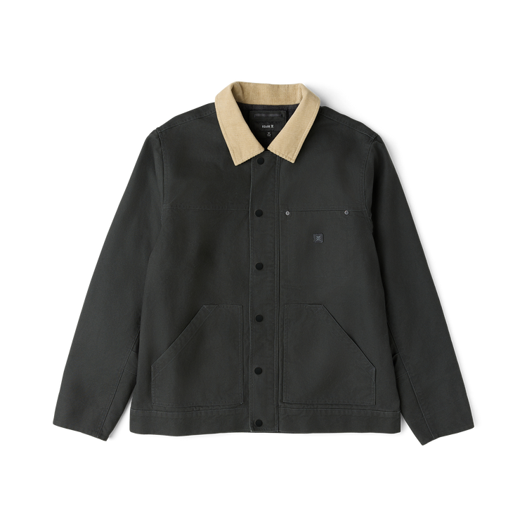 Roark Open Roads waxed canvas jacket in onyx black, front view with button closure and chest pockets