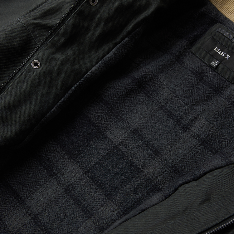 Roark Open Roads waxed canvas jacket in onyx black, front view
