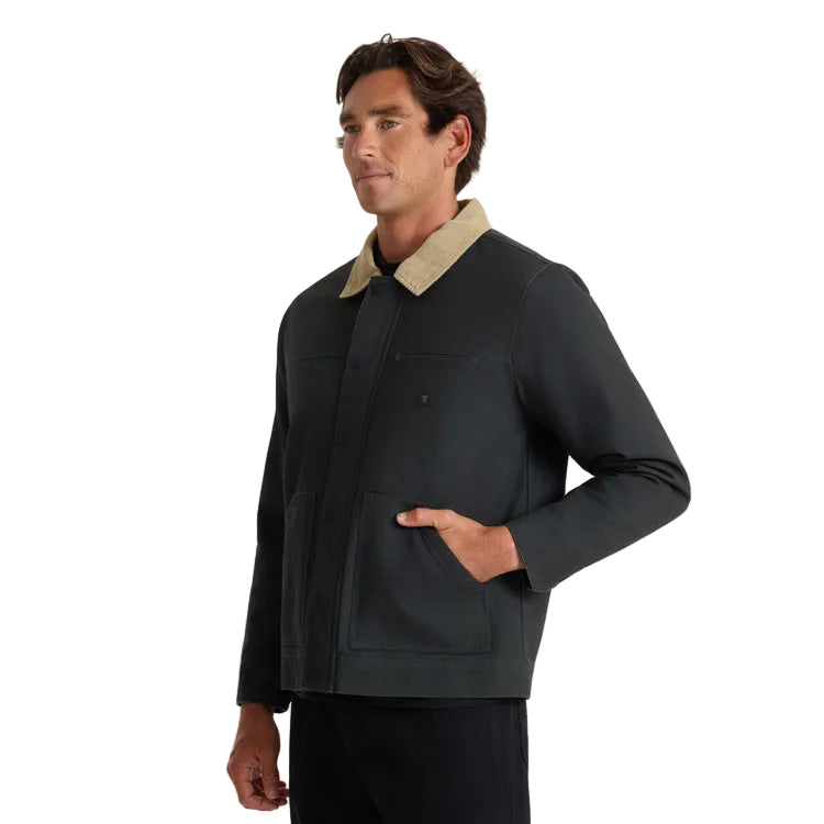 Roark Open Roads waxed canvas jacket in onyx black, front view