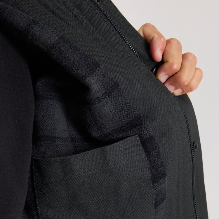 Roark Open Roads waxed canvas jacket in Onyx black, front view with button closure and multiple pockets
