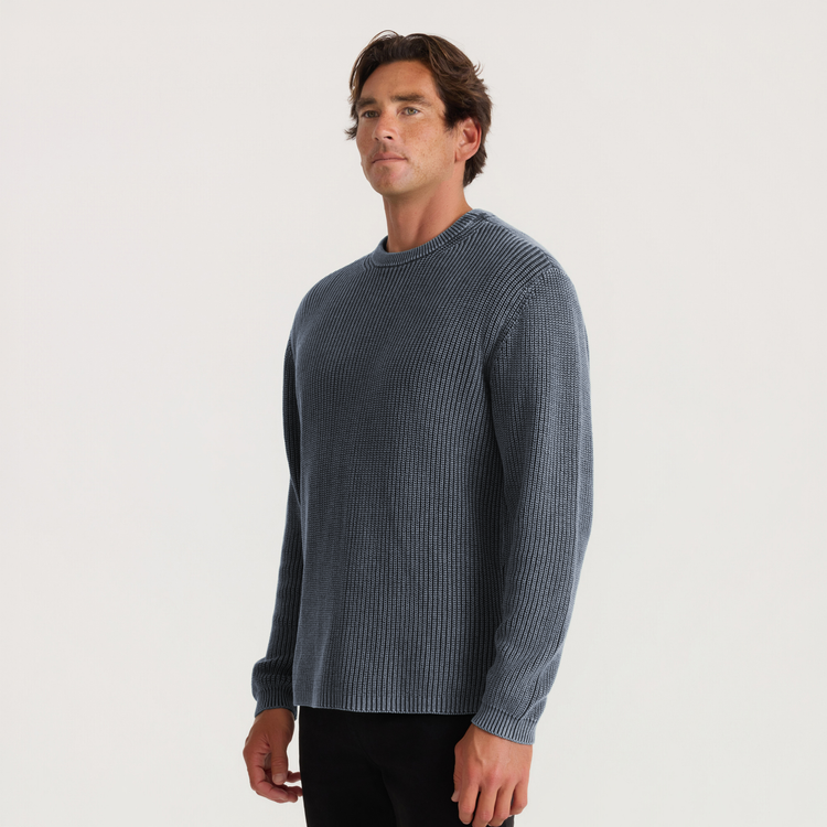 Roark Made to Fade Sweater in Onyx, black crewneck knit sweater front view