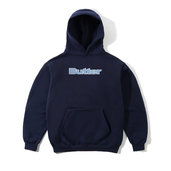 BUTTER navy plaid logo appliqué pullover hood sweater with long sleeves