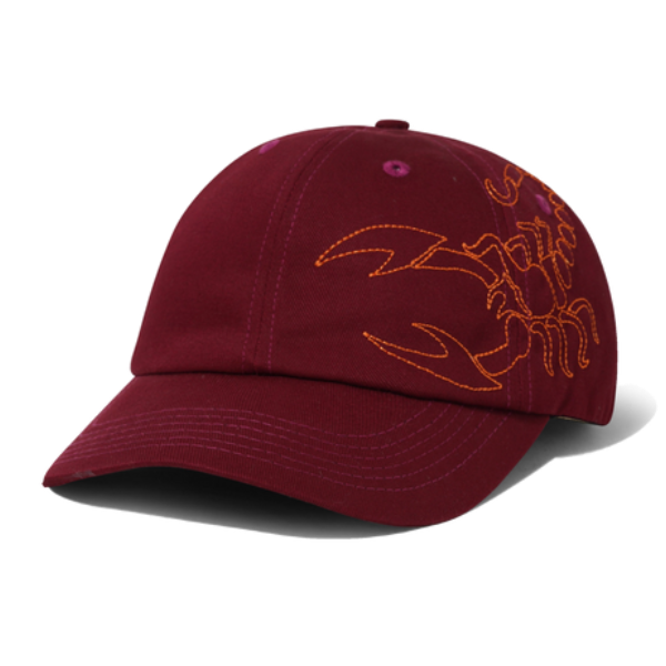Butter Scorpion 6 Panel Cap in port red with embroidered scorpion logo