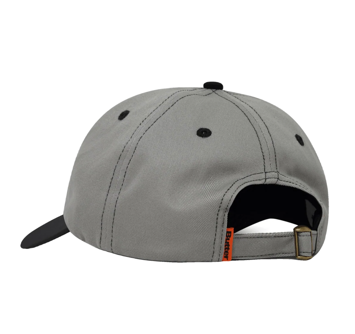 BUTTER Footprints 6 Panel Cap in grey, structured headwear with embroidered front logo