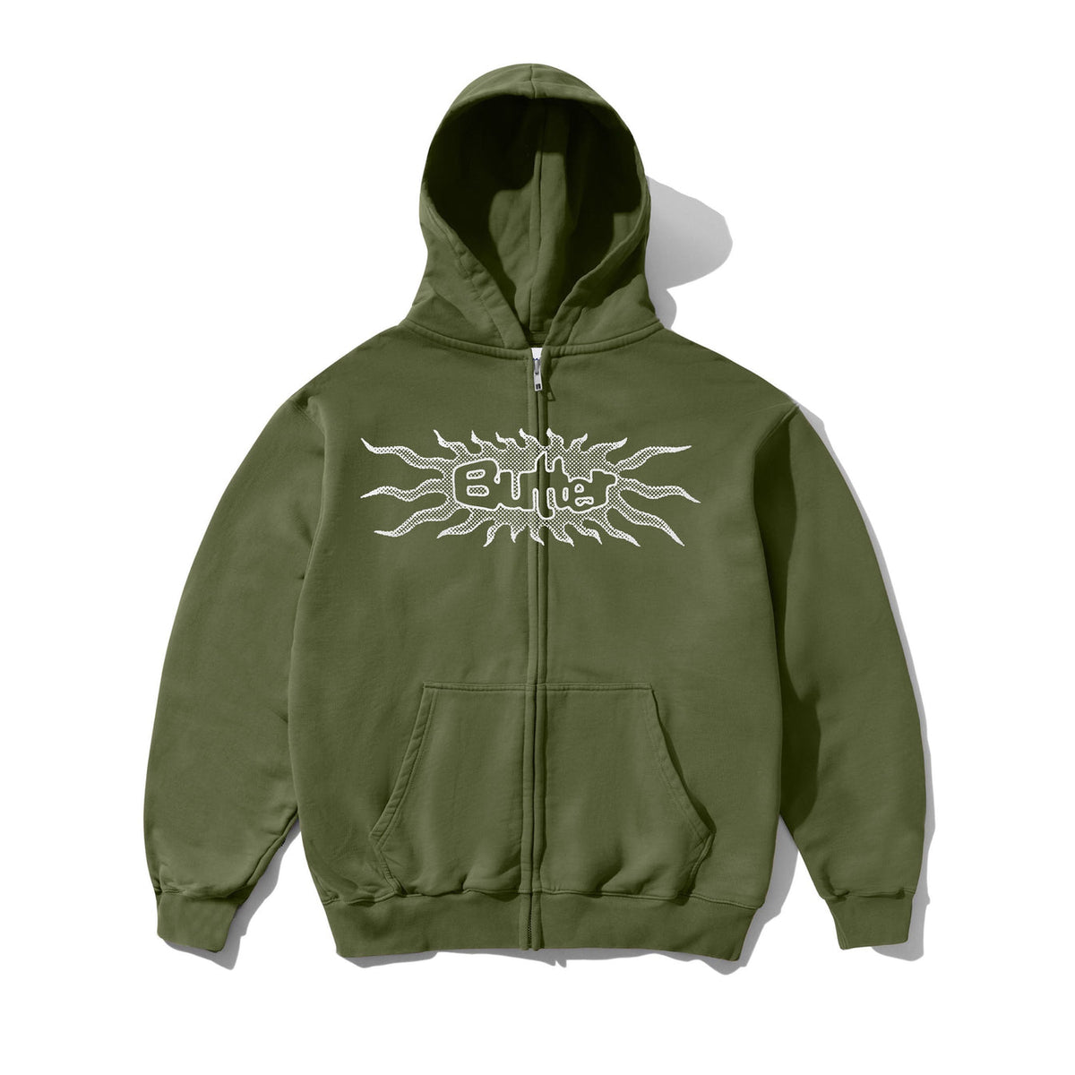 BUTTER Solar Zip-Thru Hood Army sweater in army green with zip-front hooded design