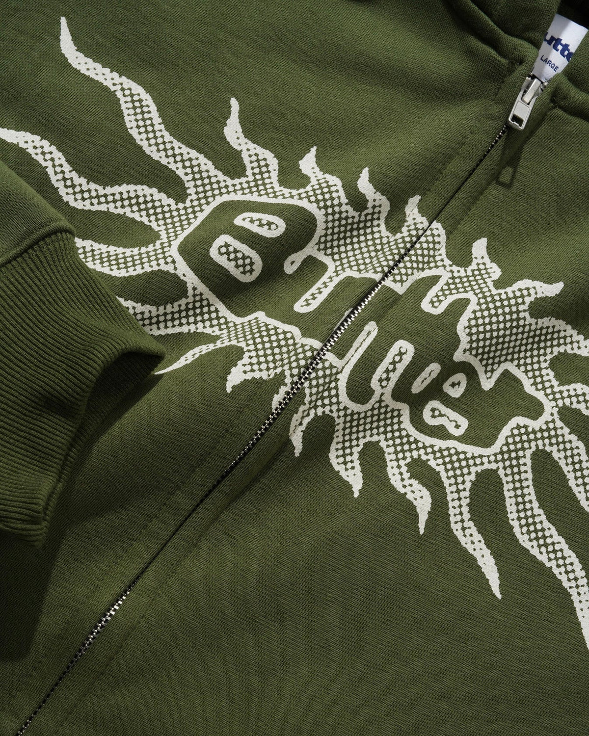 BUTTER Solar zip-through hood army sweater, front view with hood and full-length zipper