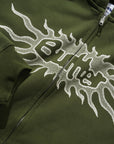 BUTTER Solar zip-through hood army sweater, front view with hood and full-length zipper