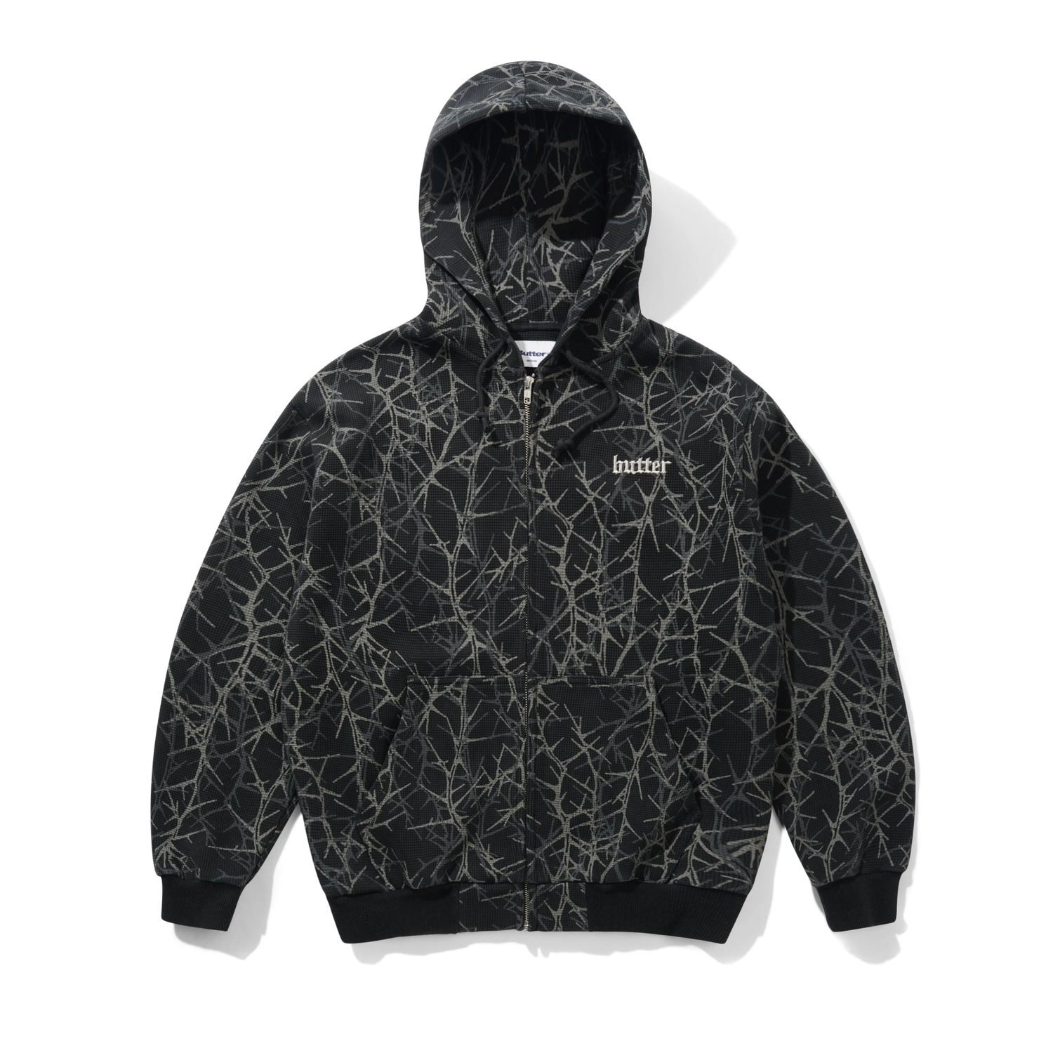 BUTTER THORN CAMO WAFFLE ZIP THRU HOOD BLACK