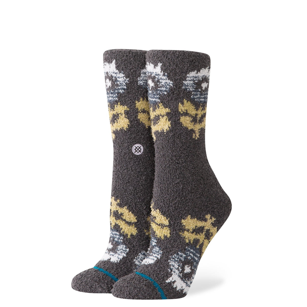 Women's Stance Garden Cozy Crew socks in Turbulence gray with floral garden pattern