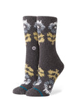 Women's Stance Garden Cozy Crew socks in Turbulence gray with floral garden pattern
