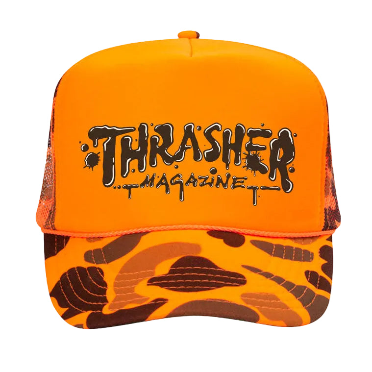THRASHER WET PAINT TRUCKER HAT ORANGE CAMO