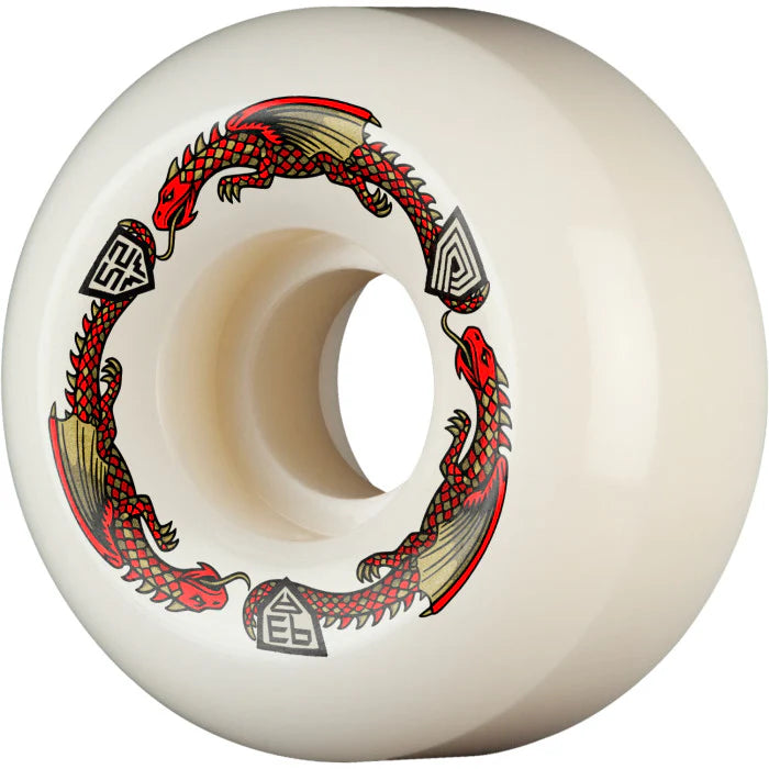 Powell-Peralta Dragon Formula skateboard wheels in red V5 93A, 52mm size, with detailed wheel graphics and branding visible.