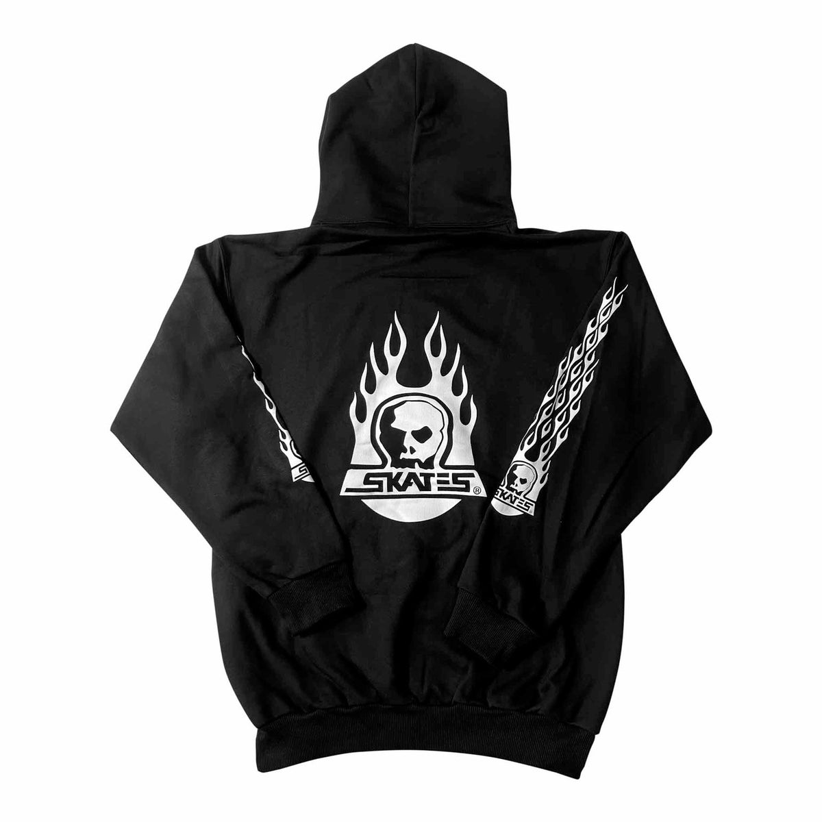 Black Skull Skates hoodie featuring a burnt fireball skull graphic on the back, stylish and comfortable casual sweater.