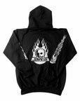 Black Skull Skates hoodie featuring a burnt fireball skull graphic on the back, stylish and comfortable casual sweater.