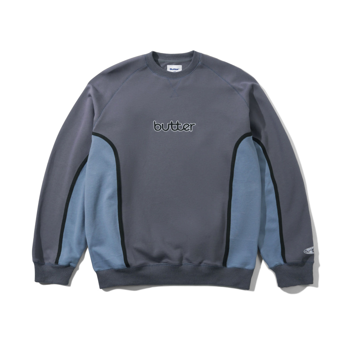 BUTTER Aspect crewneck sweater in slate and denim blue colorblock design