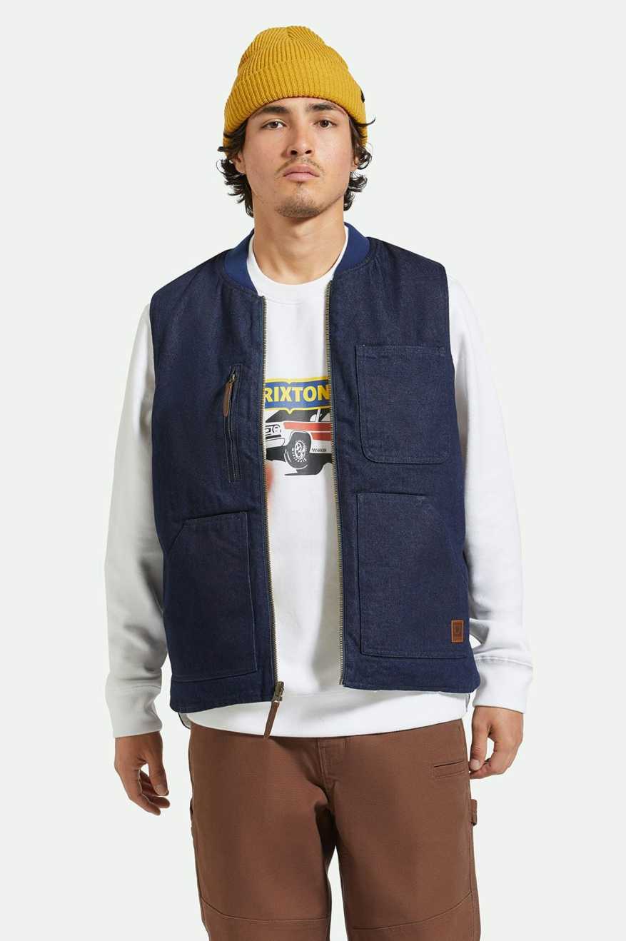 BRIXTON BUILDERS ABRAHAM REVERSIBLE VEST RINSE DENIM/SHERPA