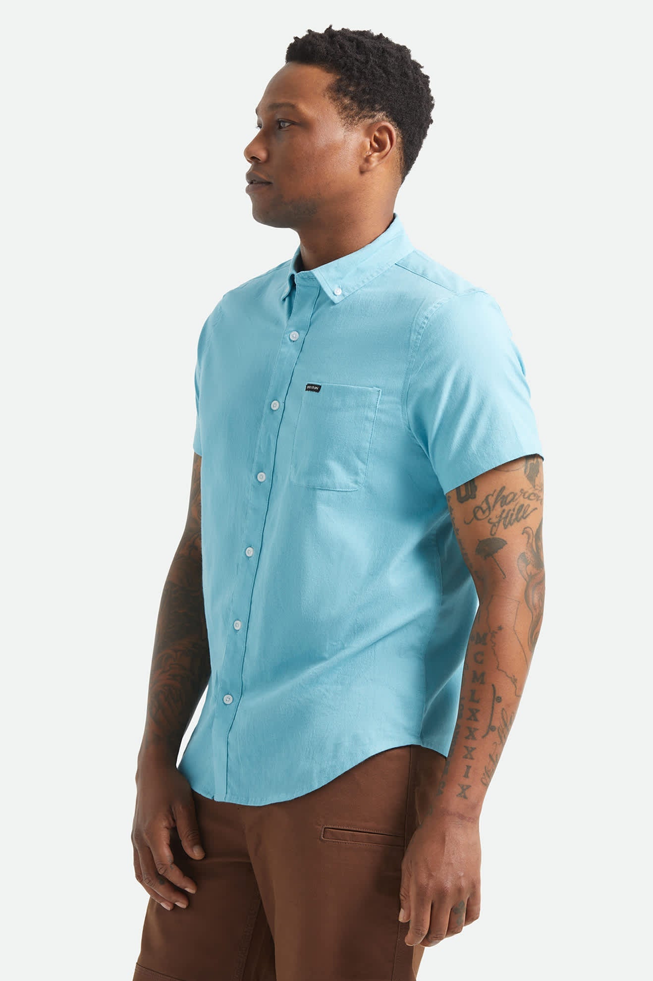 BRIXTON SANDFORD OXFORD S/S WOVEN BUTTON UP BLUE AURA