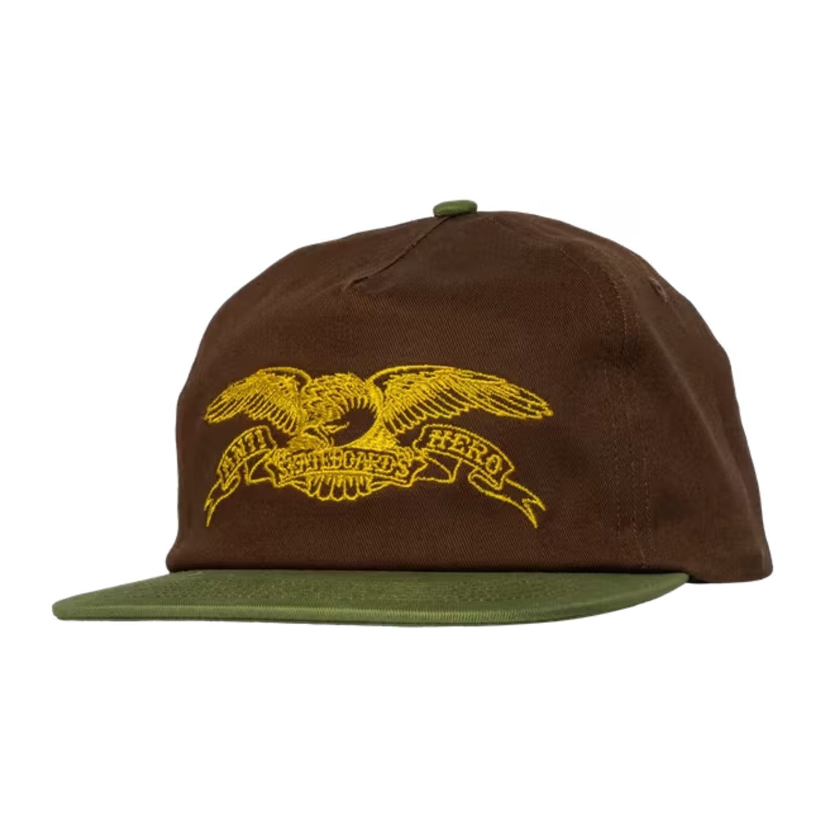 ANTIHERO Basic Eagle hat in brown, olive, and gold with embroidered front logo