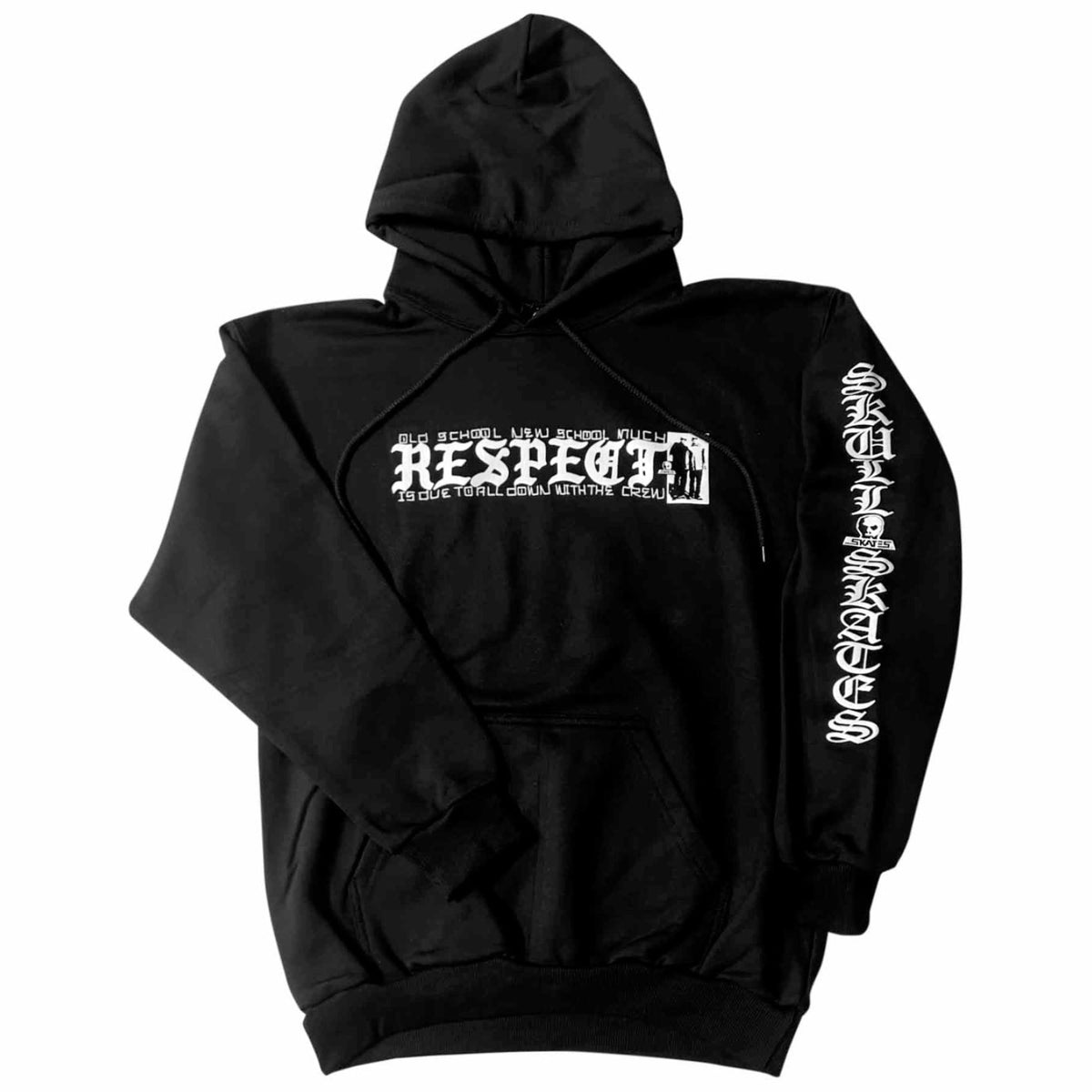 Black Skull Skates hoodie featuring "Respect" print, made of comfortable sweatshirt material, with a casual fit and Skull Skates branding.