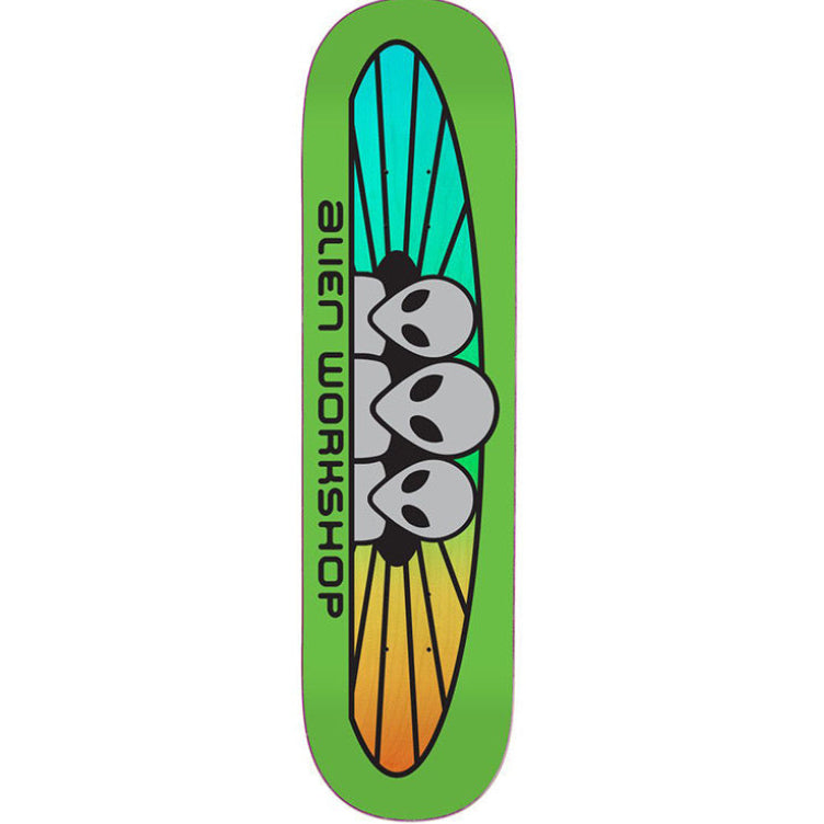 Skateboard deck with Alien Workshop logo and design on a white background