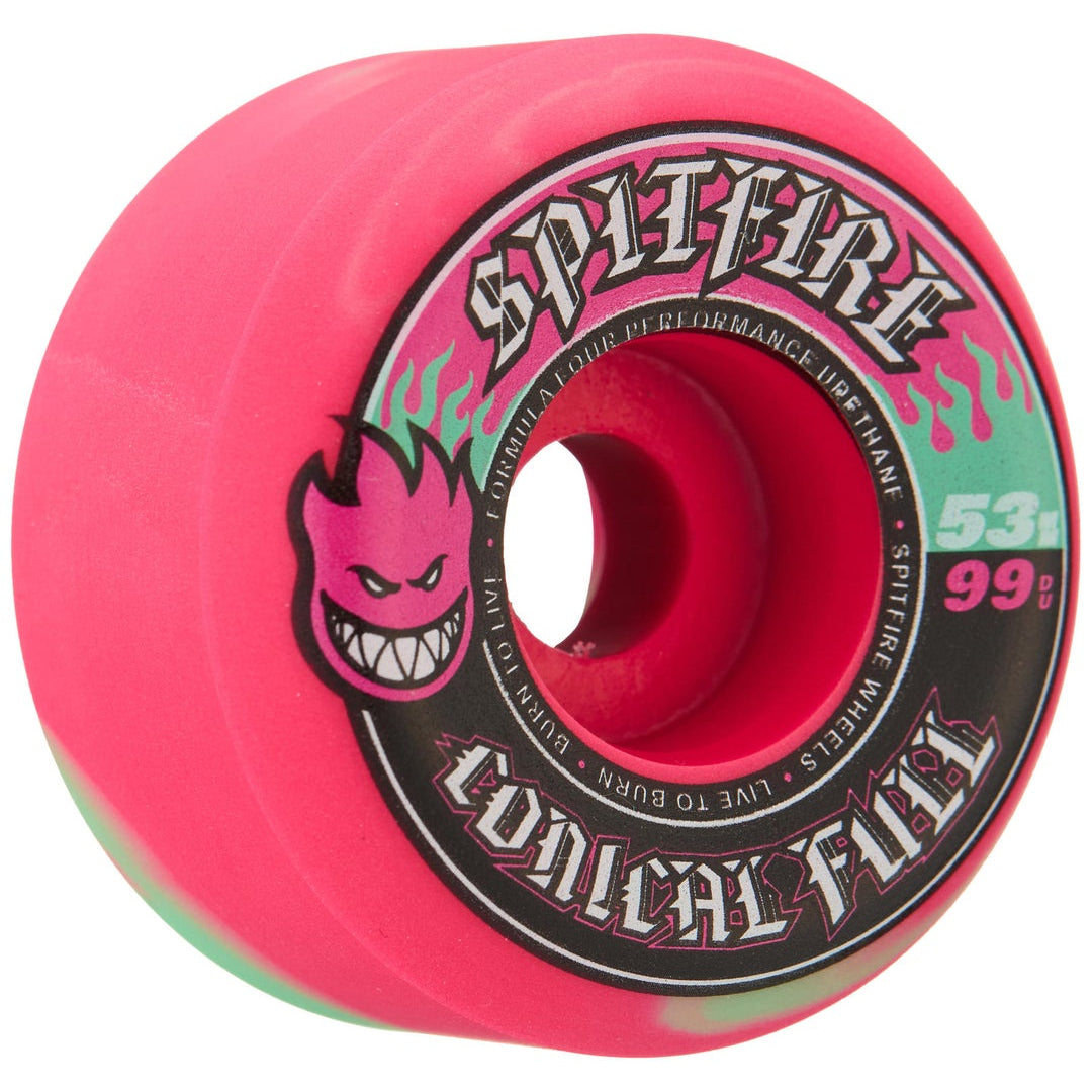 Pink skateboard wheel with Spitfire logo on a white background