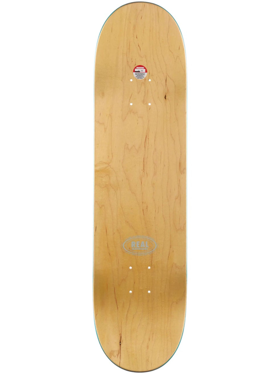 The underside of a Real Skateboards deck, showing a natural light wood grain surface with pre-drilled hole locations and a small oval logo near the center, isolated on a white background.
