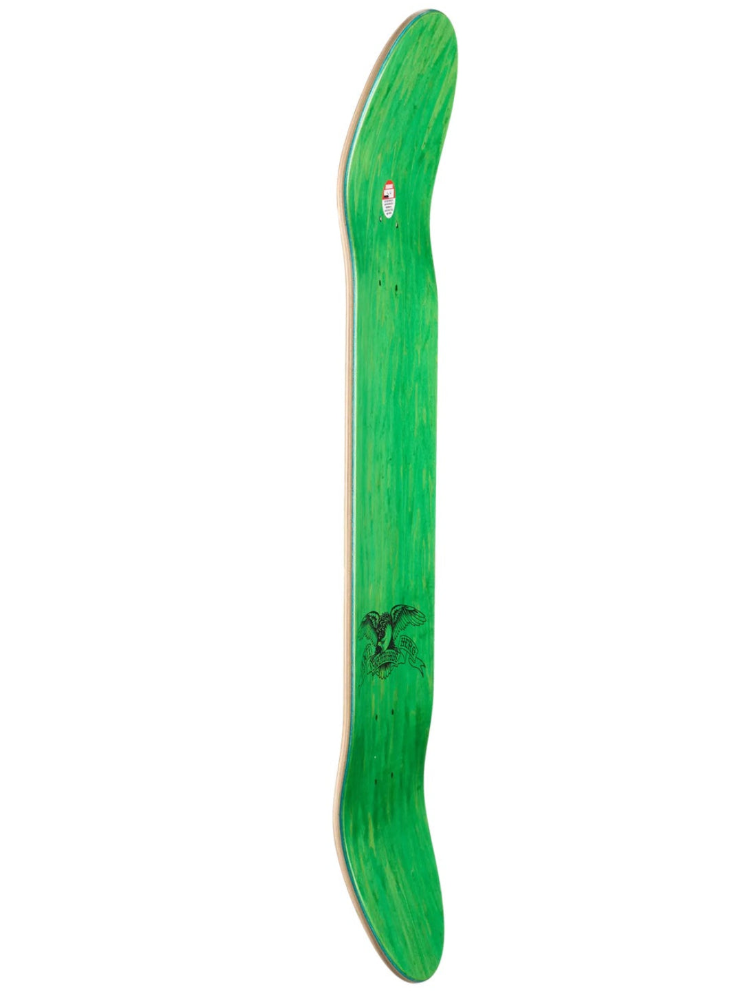A green skateboard deck with a natural wood edge, featuring a dark graphic near the tail, shown against a plain white background.