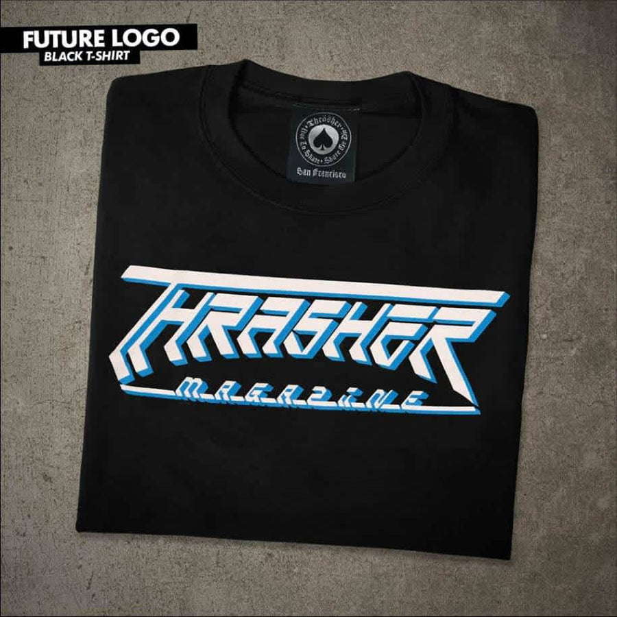 THRASHER T-SHIRT  FUTURE LOGO - BLACK - The Drive Skateshop