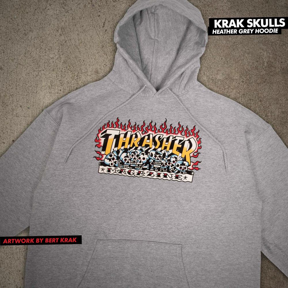 THRASHER KRAK SKULLS HOOD HEATHER GREY